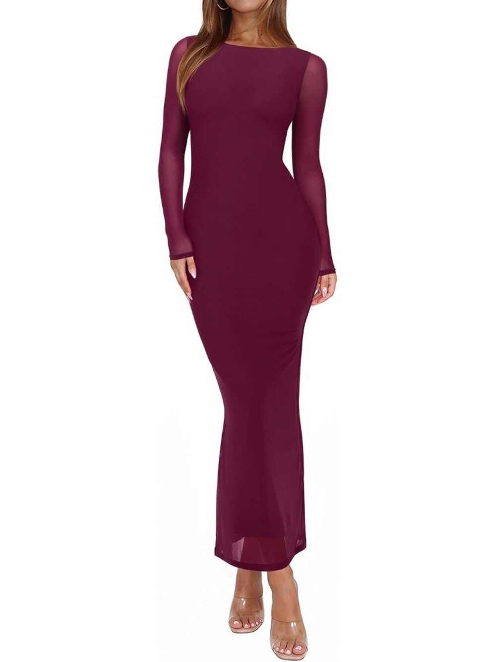 Women's Cordovan Long Sleeve Sexy Floral Bodycon Wedding Guest Maxi Long Dresses